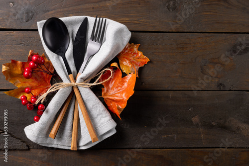 Overhead view of cutlery, rustic string napkin with autumn leaves, copy space on wooden background