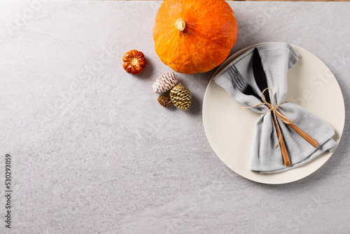 Overhead view of plate with cutlery and napkin, pumpkin, pine cones and copy space on grey