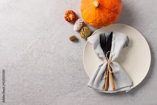 Overhead view of plate with cutlery and napkin, pumpkin, pine cones and copy space on grey