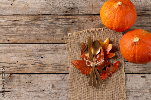 Overhead view of cutlery with autumn decoration  pumpkins and copy space on wooden background