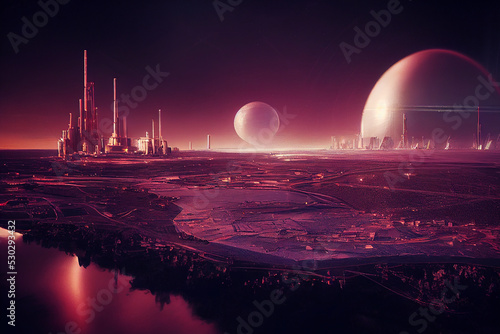 Billede på lærred Futuristic Extraterrestrial Alien City Science Fiction 3D Art Illustration
