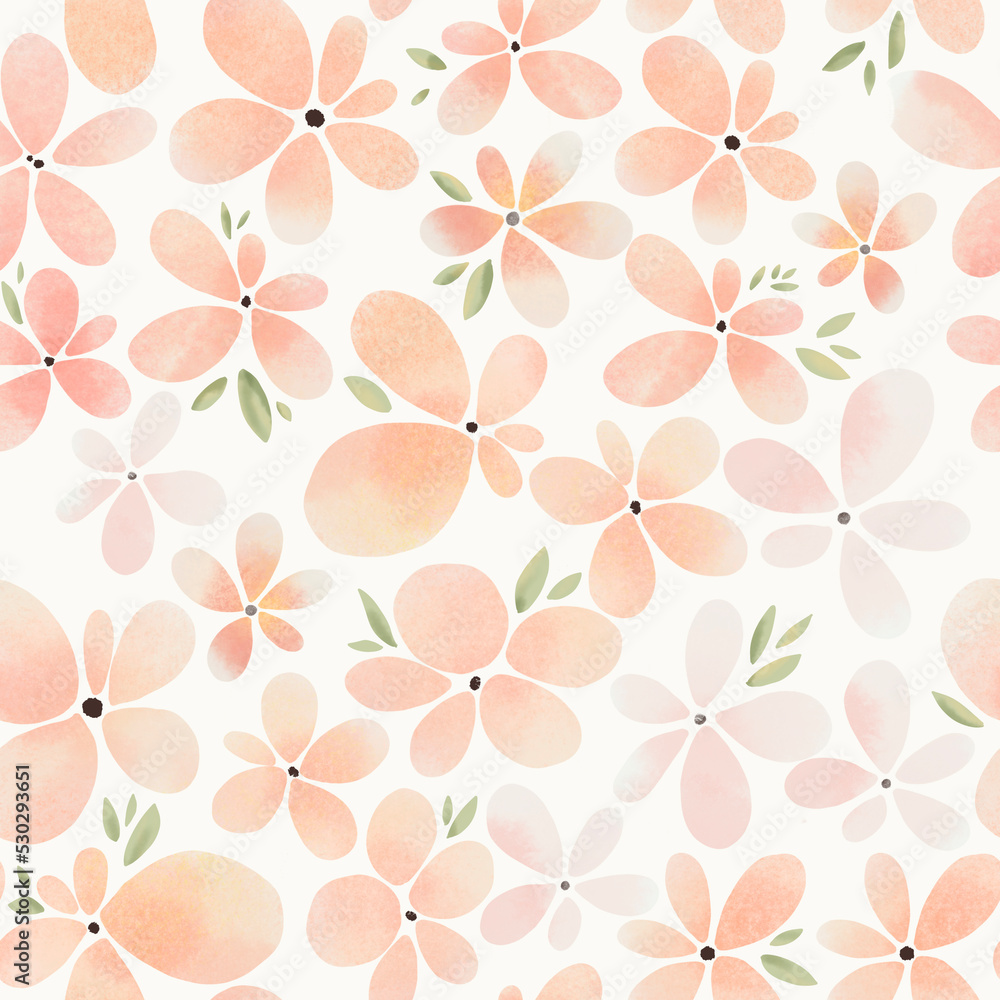 Hand drawn water color flowers all over seamless repeat pattern in pastel colors.