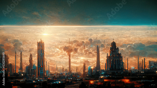 Futuristic City Skyline on Exoplanet Suitable for Life Art Illustration. Extraterrestrial Civilization World Background. CG Digital Painting AI Neural Network Generated Art Panoramic Scenery Wallpaper