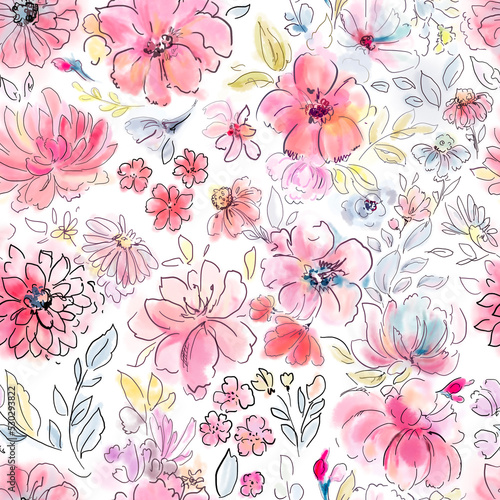 All over flower repeat background. Digital painted flowers in seamless arrangement.