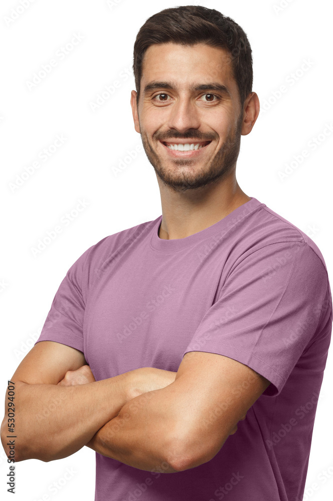Obraz premium Smiling handsome young man in t-shirt standing with crossed arms
