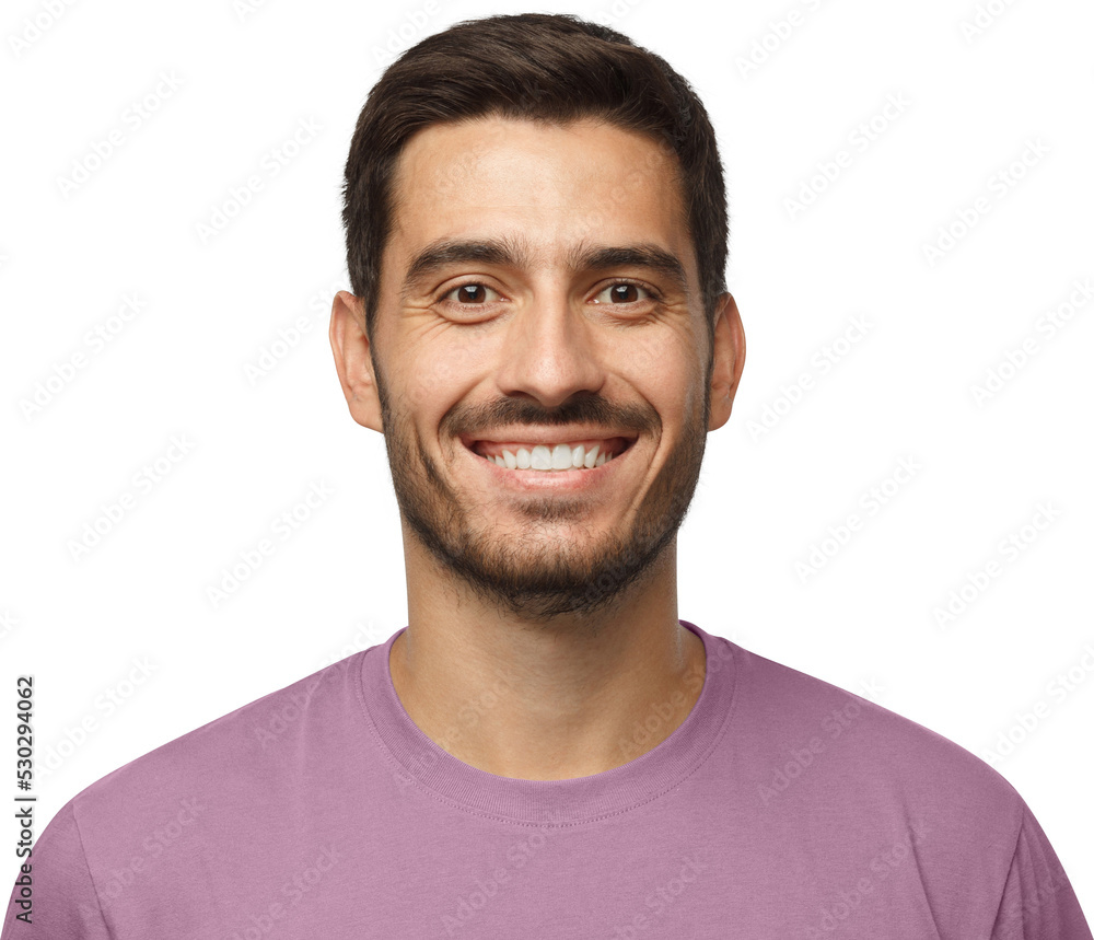 Obraz premium Close up portrait of smiling handsome man in purple t-shirt isolated