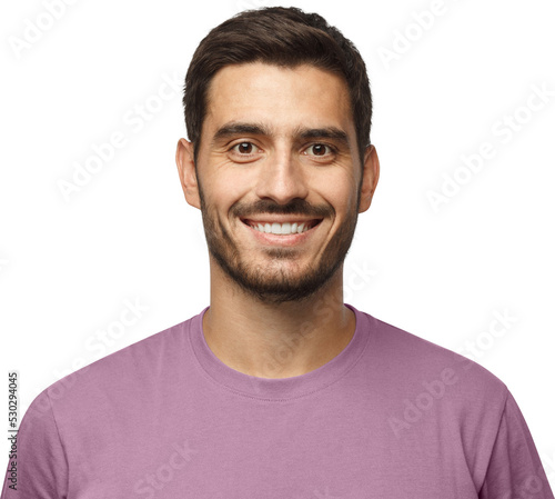 Close up portrait of young smiling handsome guy in t-shirt isolated photo