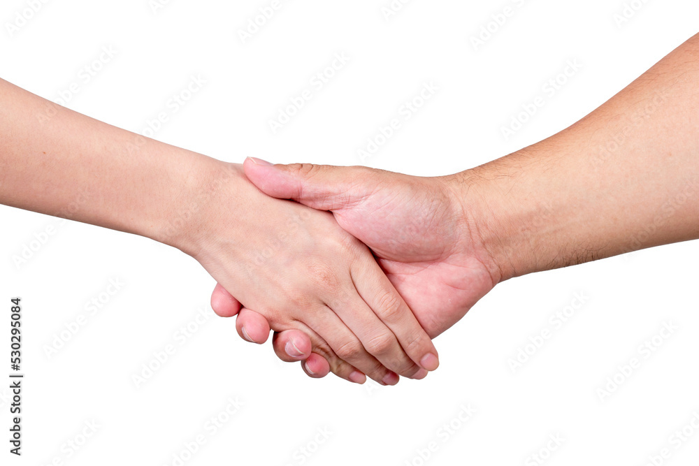 A man and woman shaking hands in agreement, with clasped hands. A man and woman shaking hands in agreement, with clasped hands.