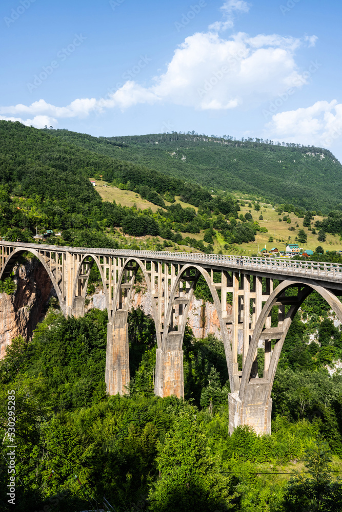 Durdevica Tara bridge in Montenegro and beautiful mountain hills. Amazing nature in national park Durmitor Durdevica Tara bridge in Montenegro and beautiful mountain hills. Amazing nature in national park Durmitor