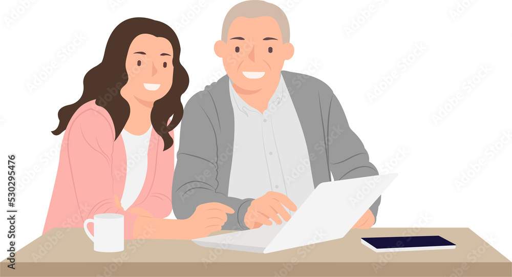 Cartoon daily life people character young woman teaching elder man using laptop Cartoon daily life people character young woman teaching elder man using laptop