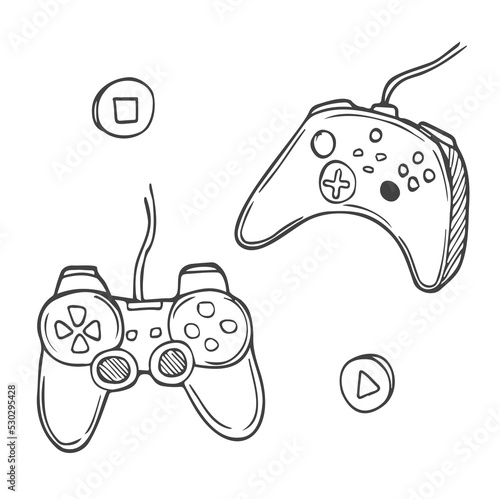 Video game controller, joystick gamepad isolated on white background. Vector hand-drawn illustration in doodle style. Perfect for decorations, cards, logo, various designs.