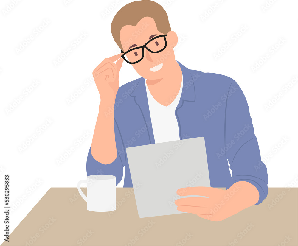 Cartoon daily life people male character man looking at tablet Cartoon daily life people male character man looking at tablet