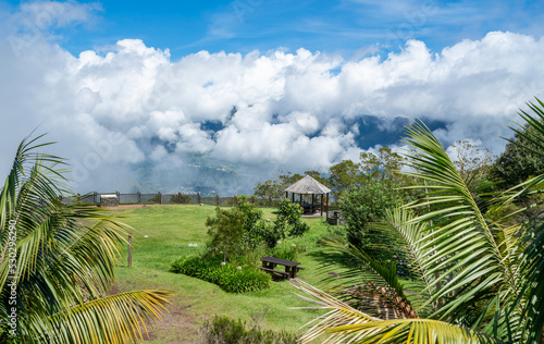 View of a beautiful green landscape on the hill of Belouve village in Reunion island.