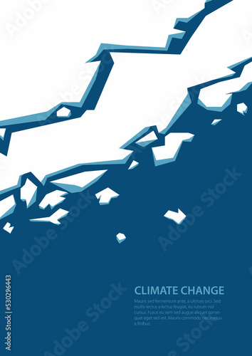 Vector illustration of cartoon ice floes drifting in a cold northern ocean. Winter arctic landscape with cracking icebergs. The landscape of the Arctic is affected by climate change