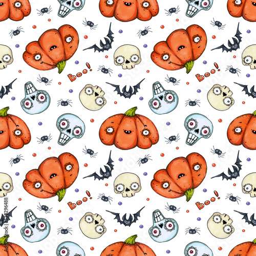seamless marker pattern with cartoon pumpkins, skulls, bats and spiders on a white background.
