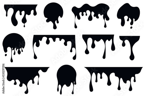Set of Dripping oil, Liquid stain. Current Drip and drop. Long, viscous drops. Black  Paint flows. Vector illustration