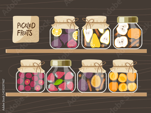 Jars preserved fruit and berries on wooden shelf. Canned food set. Pickled fruits in glass jars hand drawn doodle isolated on white background. Grocery conserve containers. Flat vector Food template