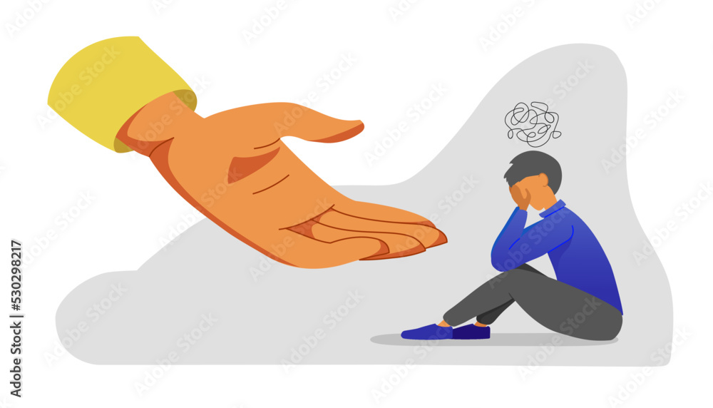Human hand help sad young man in depression-mental health concept flat style, cartoon character vector 10 eps
