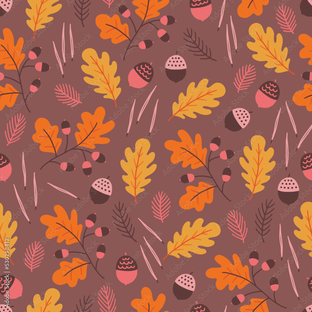Autumn seamless pattern with oak leaves, acorns, fir branches Autumn seamless pattern with oak leaves, acorns, fir branches