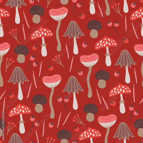 Autumn seamless pattern with berries, and mushrooms on red background