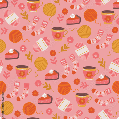 Autumn seamless pattern with tea, yarn, socks, flowers, pumpkin pie