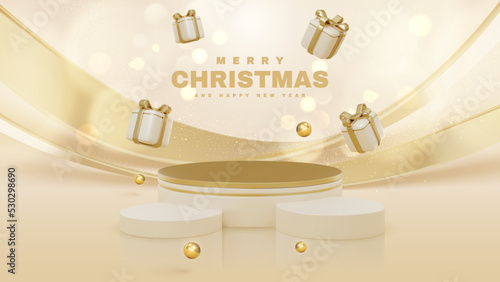 Product display podium with gift box decorations with golden ball and glitter light effect and bokeh elements. Merry christmas background and happy new year day concept.