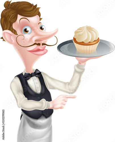 Waiter with Cake Pointing photo