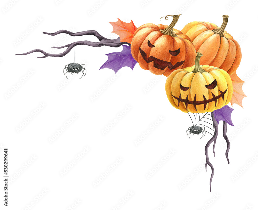 Halloween pumpkin scary face decor. Watercolor illustration. Halloween decoration with pumpkins, spiders, web, fallen leaves, dry tree branch. White background