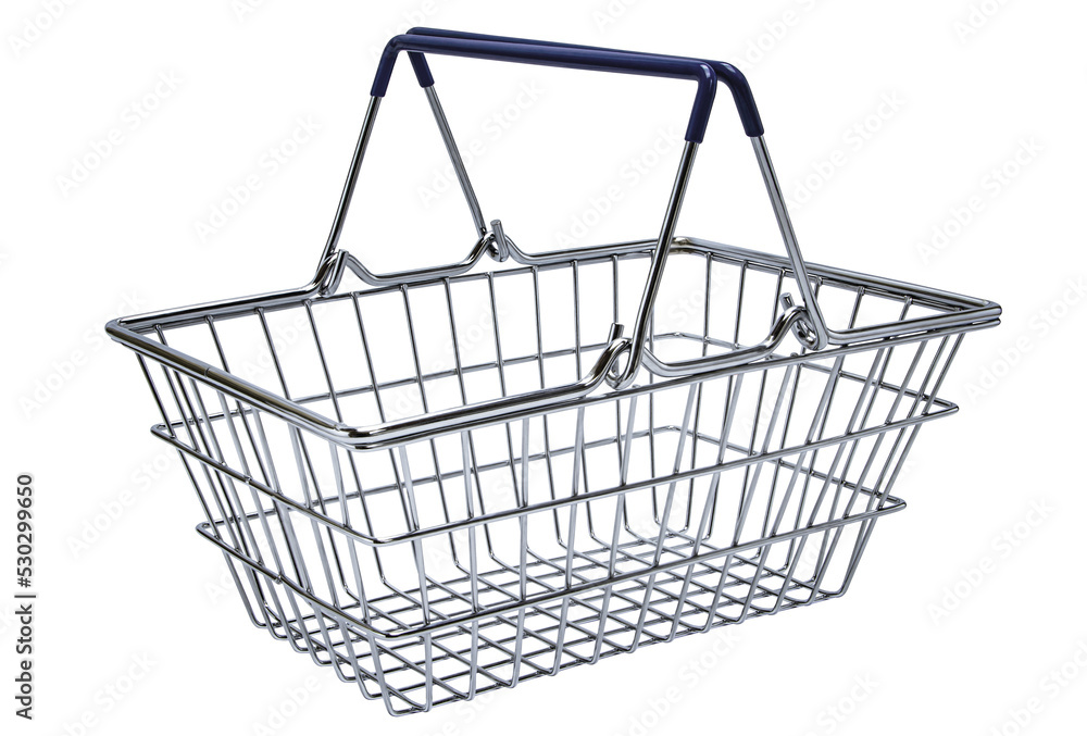 Empty basket from a store or supermarket. metal and chrome. isolated background. close-up. Element for design. - obrazy, fototapety, plakaty 