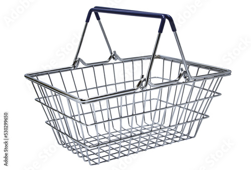 Empty basket from a store or supermarket. metal and chrome. isolated background. close-up. Element for design. photo