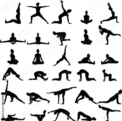 Collection of black silhouettes of yoga poses.