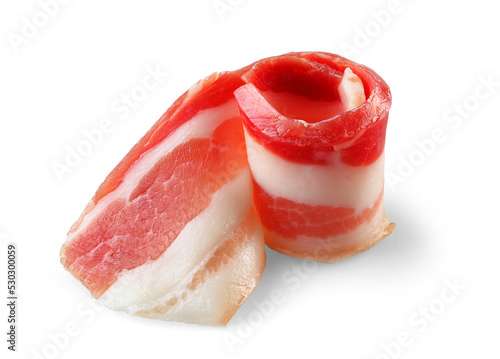 slice of cured bacon on white background