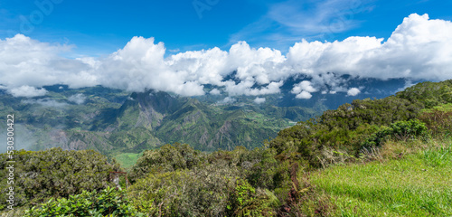 Panorama of mountain peaks and fresh vegetation on top of the hill in Reunion island