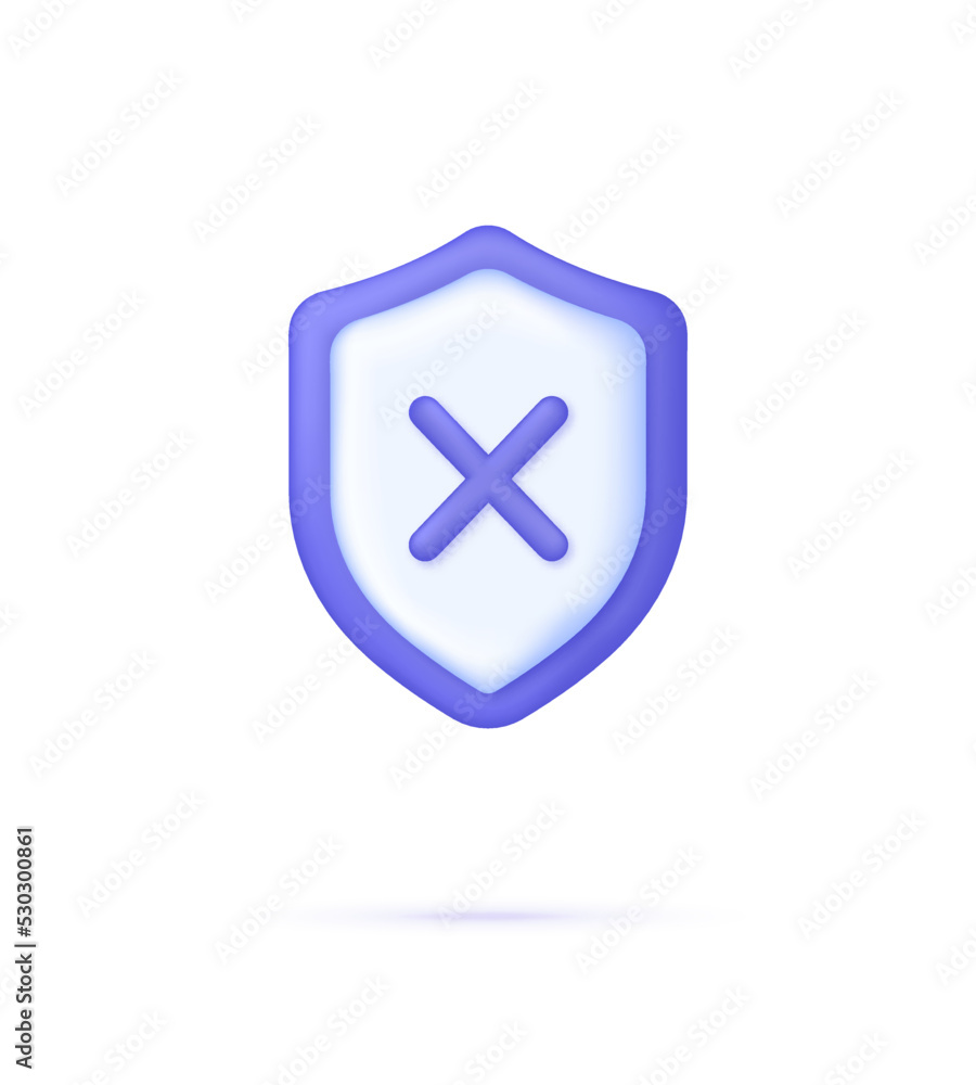 3D Shield and cross mark isolated on white background. Security concept. Money guarantee. Trendy vector in 3d style. 3D Shield and cross mark isolated on white background. Security concept. Money guarantee. Trendy vector in 3d style.