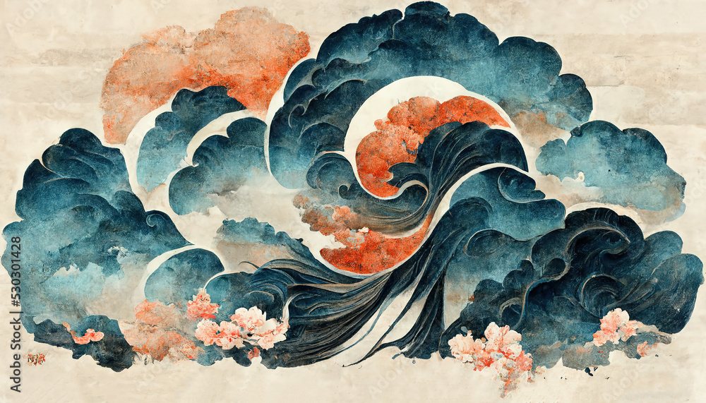 Traditional Japanese background with waves and flower texture. Oriental