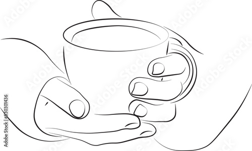 a cup of coffee or tea in hands. Banner for a coffee shop. Invitation for a coffee shop, subscription. 