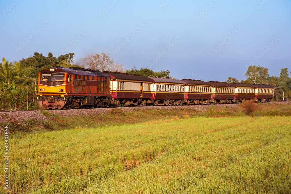 Passenger train by diesel locomotive on the railway. Passenger train by diesel locomotive on the railway.