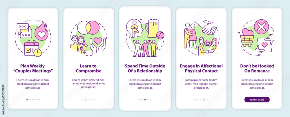 Fixing relationship when living together onboarding mobile app screen. Walkthrough 5 steps editable graphic instructions with linear concepts. UI, UX, GUI template. Myriad Pro-Bold, Regular fonts used
