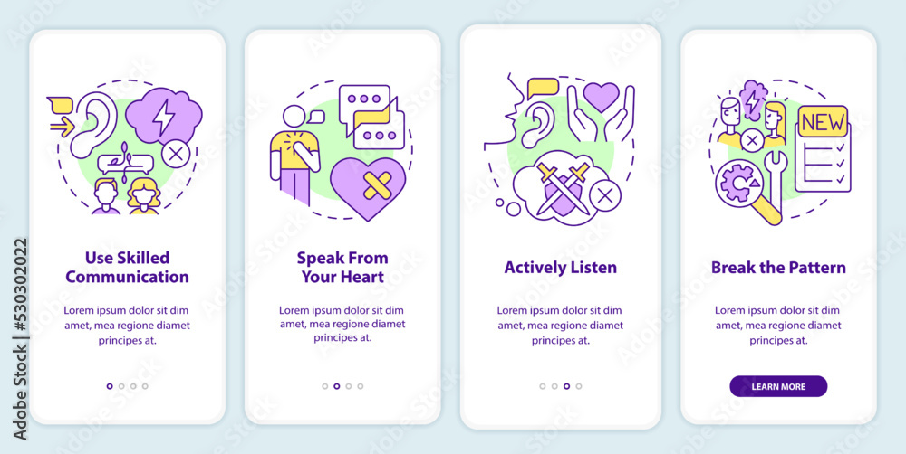 Fixing relationship after big fight onboarding mobile app screen. Walkthrough 4 steps editable graphic instructions with linear concepts. UI, UX, GUI template. Myriad Pro-Bold, Regular fonts used