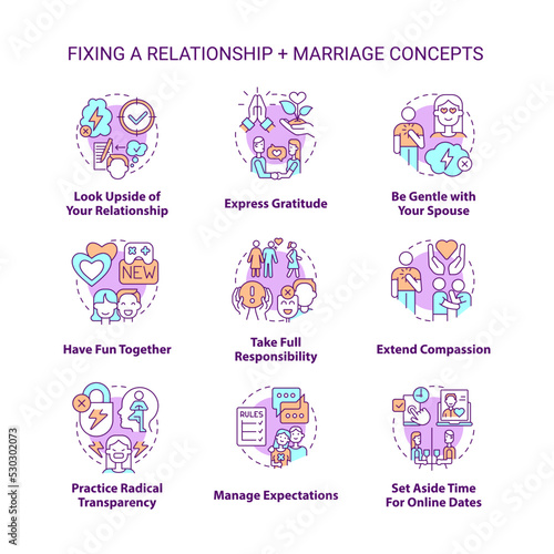 Fixing relationship and marriage concept icons set. Healthy communication with partner idea thin line color illustrations. Isolated symbols. Editable stroke. Roboto-Medium, Myriad Pro-Bold fonts used © bsd studio