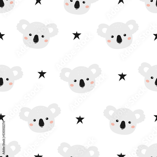 Cute koala seamless pattern. Cartoon koala and stars on a white background. Funny kids print. Nursery design for fabric, packaging, baby shower.