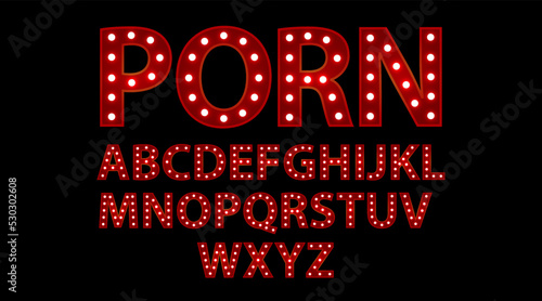 Porn. Red letters with luminous glowing lightbulbs. Vector web typography words design. Bright signboard signage.