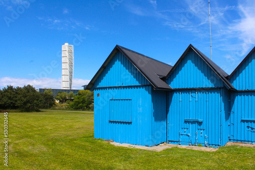 Sweden / Malmö - Blue cabins and tower in Västra Hamnen disctrict photo
