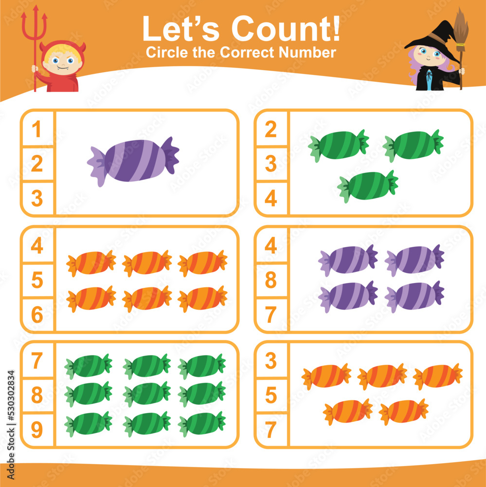 Fototapeta premium Counting worksheet for preschool and kindergarten students in Halloween theme. Teaching children how to count and match images with the number. Fun educational printable basic math for children. 