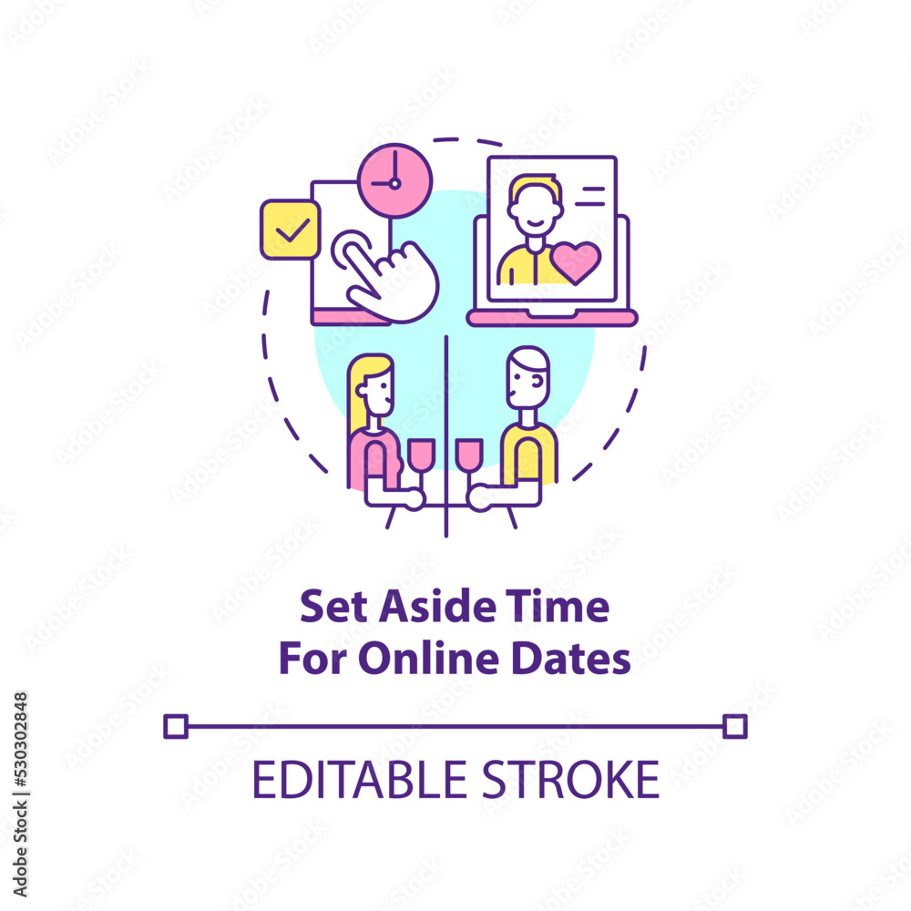 Set aside time for online dates concept icon. Surviving long-distance relationship abstract idea thin line illustration. Isolated outline drawing. Editable stroke. Arial, Myriad Pro-Bold fonts used