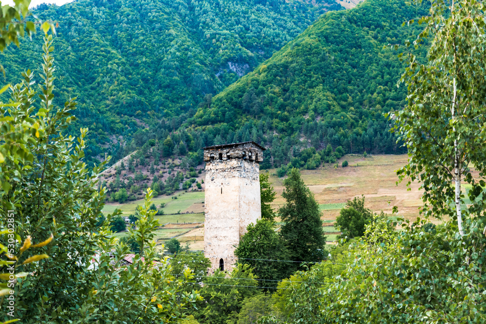 Svan tower in Mestia, Georgia. Traditional Svanetian tower architecture in Mestia, Svaneti region, Georgia