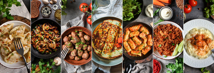 Collage of food in the dishes. A variety of food, vegetables, chicken, top view. Options for dishes. Dinner options in plates.