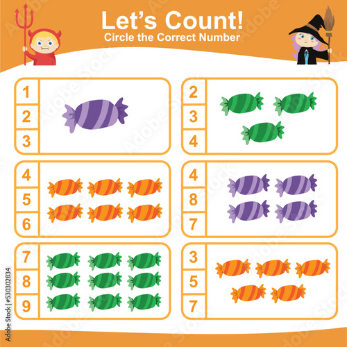 Counting worksheet for preschool and kindergarten students in Halloween theme. Teaching children how to count and match images with the number. Fun educational printable basic math for children. 