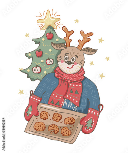 Deer is baking cookies. Merry Christmas card. Vector illustration isolated on white background. © Natalia