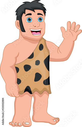 cartoon happy caveman waving on white background